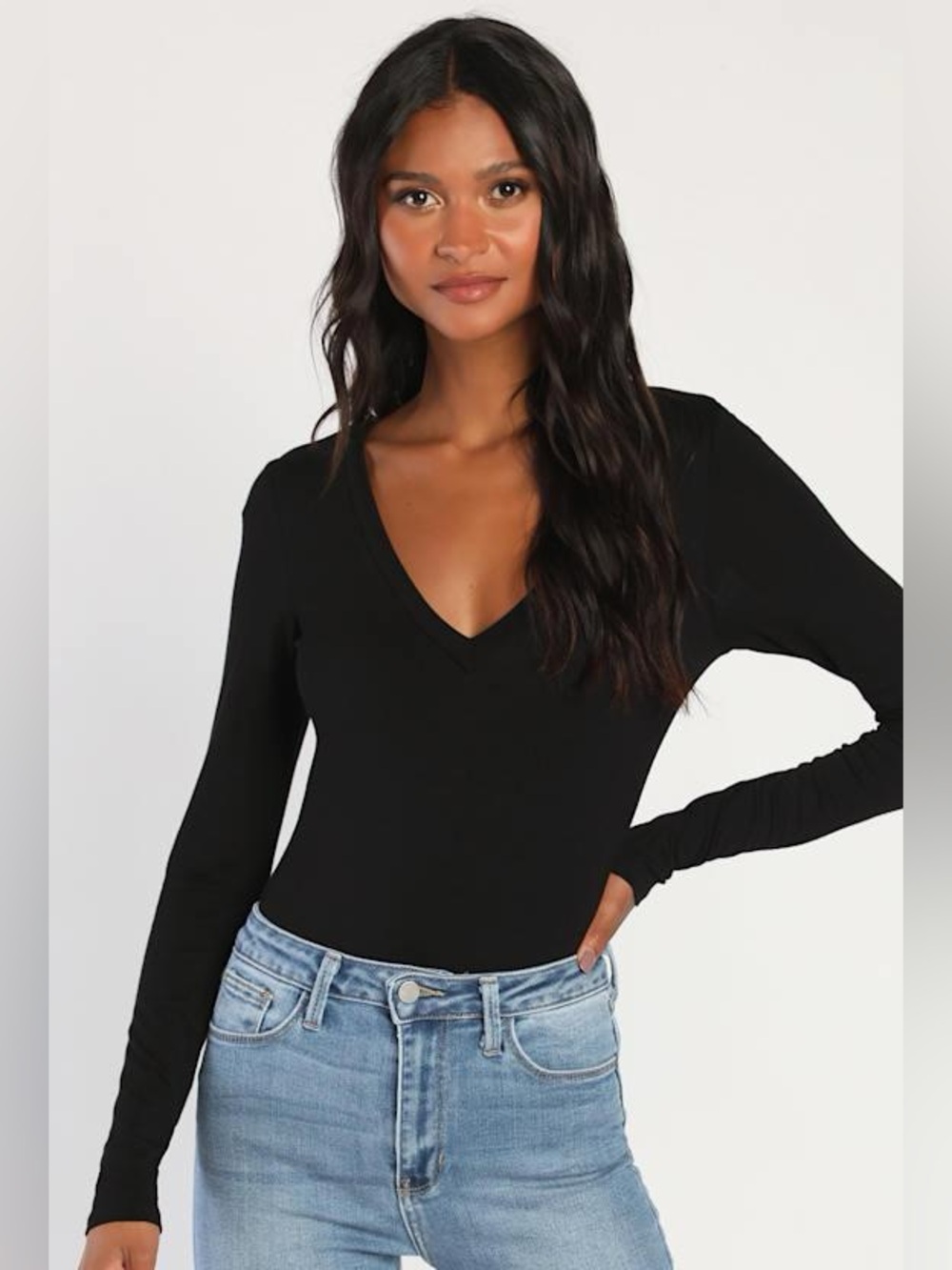 Forever 21 Black Ribbed V-Neck Long Sleeve Bodysuit